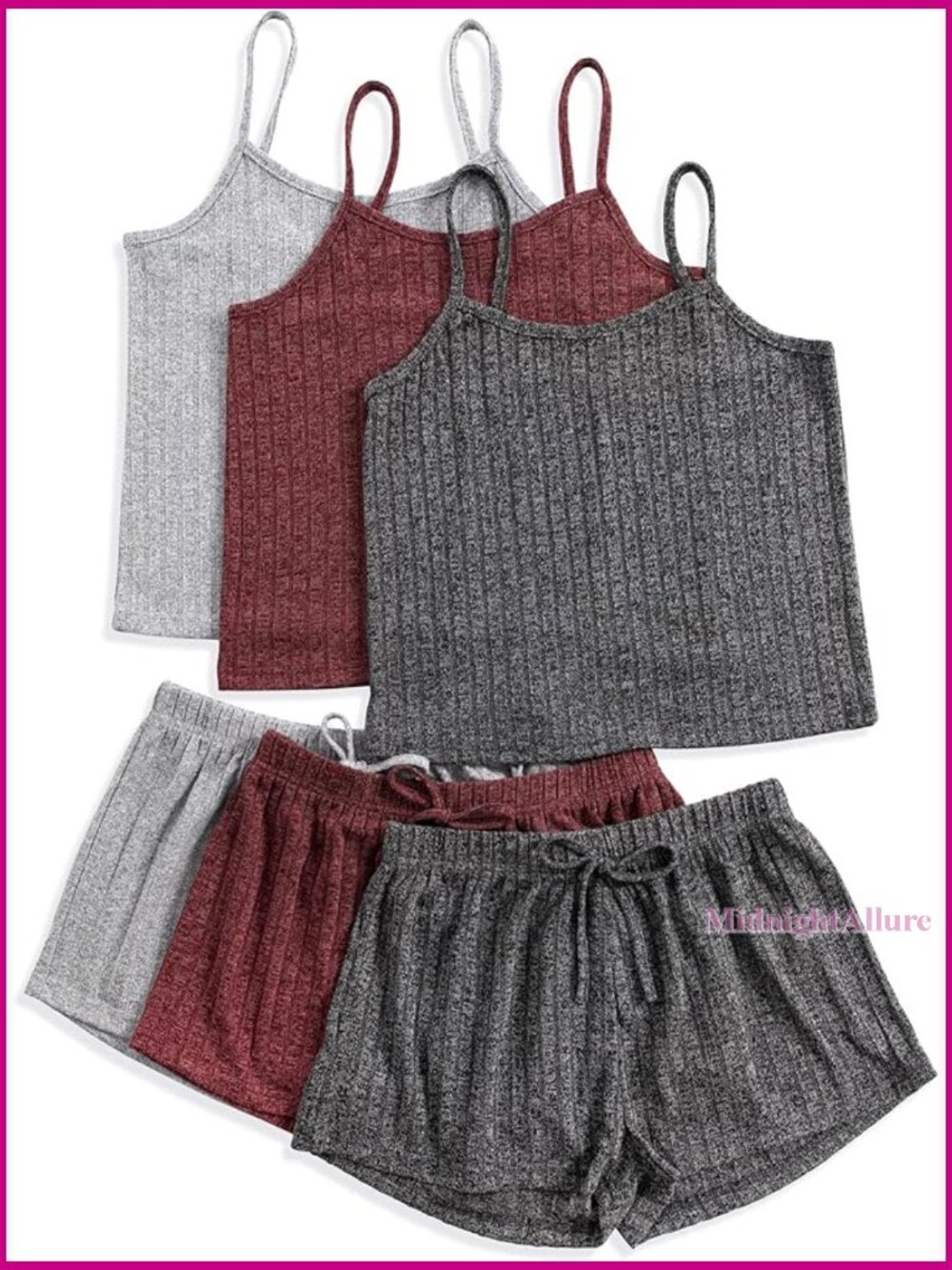3 Piece Ribbed Pajama Set Crop Top & Shorts Button Lounge Sleepwear